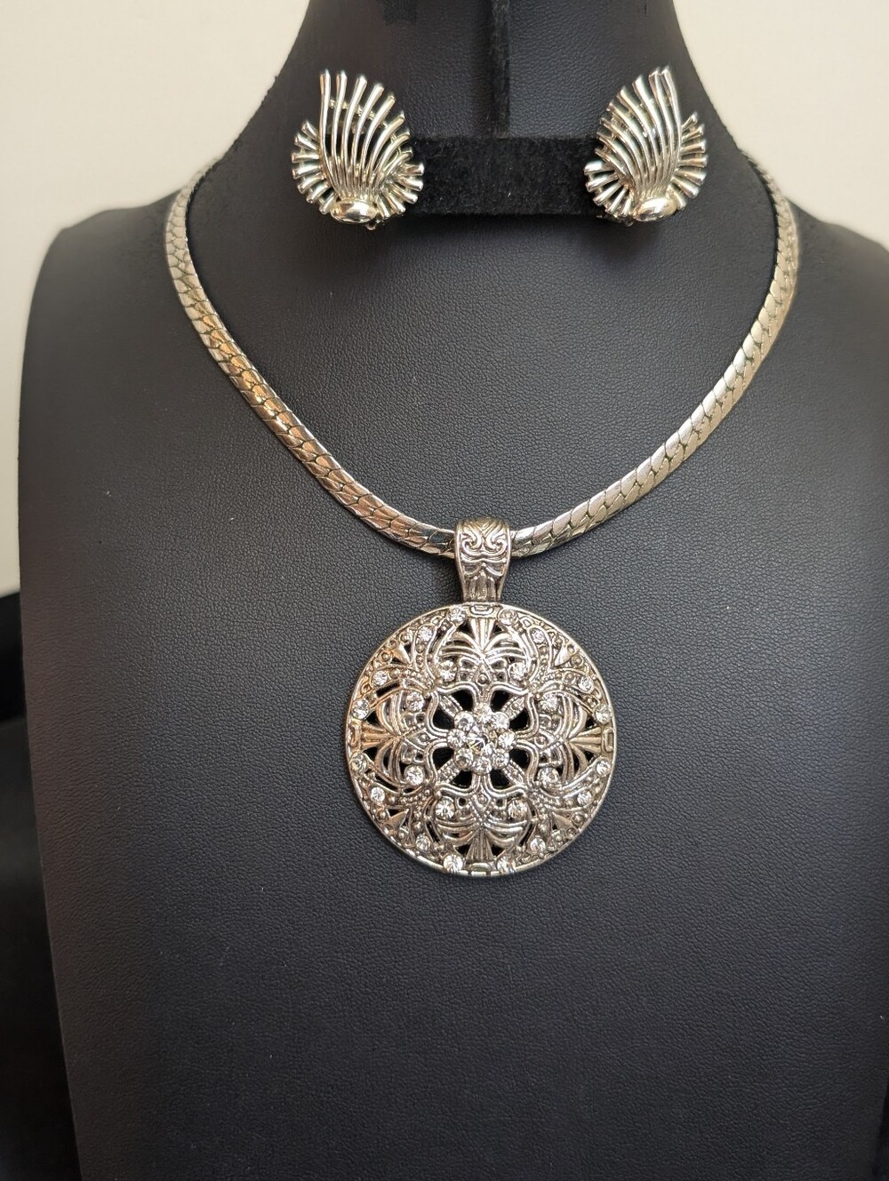 Monet Silver Necklace & Vintage Filegree Pendant & BSK Vtg Earrings